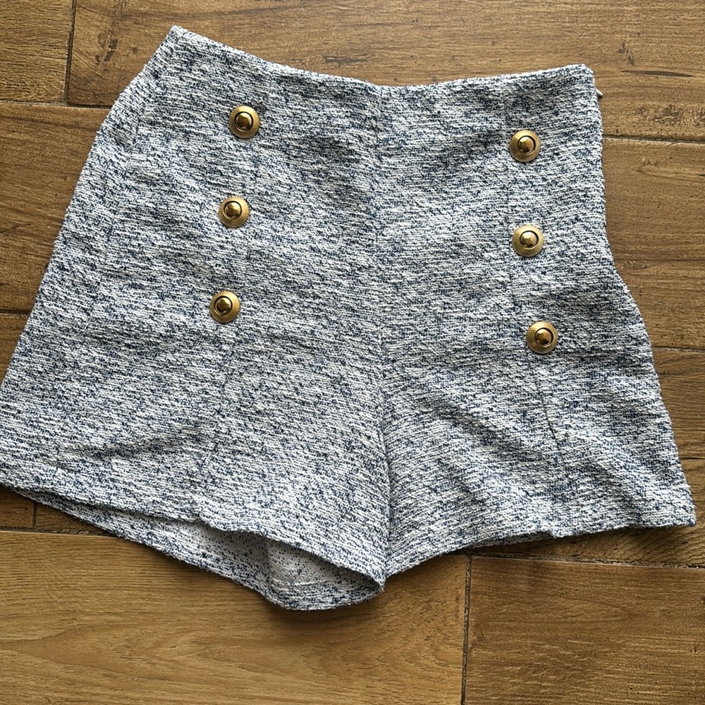 Zara Blue And White Boucle Shorts High Wasited Textured Size XS